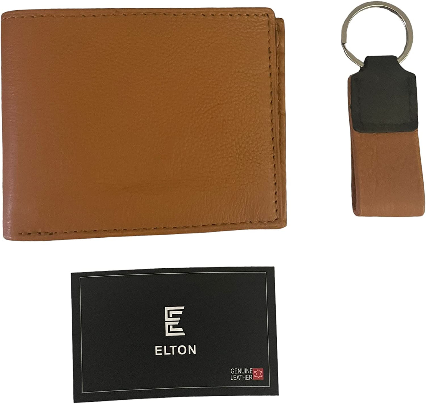 E ELTON Genuine Lambskin Soft Leather Bifold Wallet with Key Chain Tan