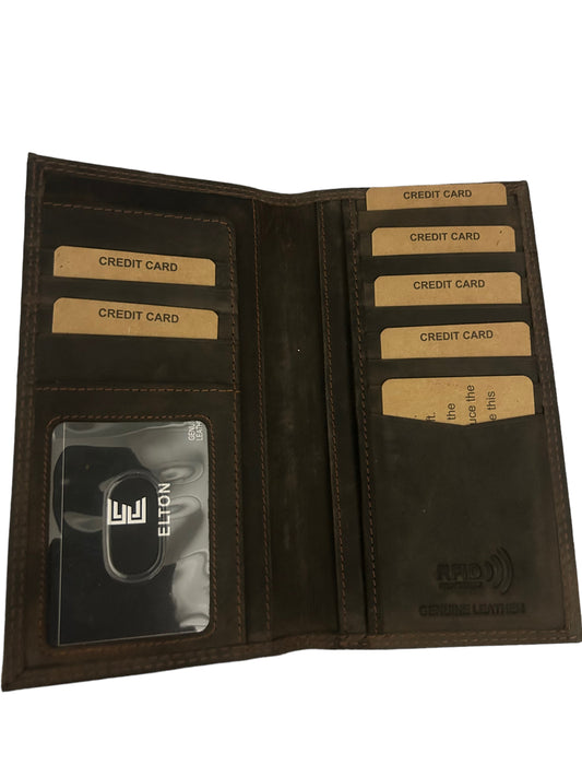 E ELTON RFID Genuine Hunter Leather Checkbook Wallet Brown New$79