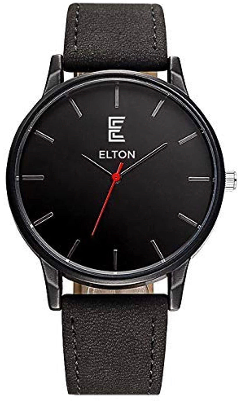 E Elton Genuine Men's Lambskin Leather Trifold Wallet with Quartz Watch Gift Set Black