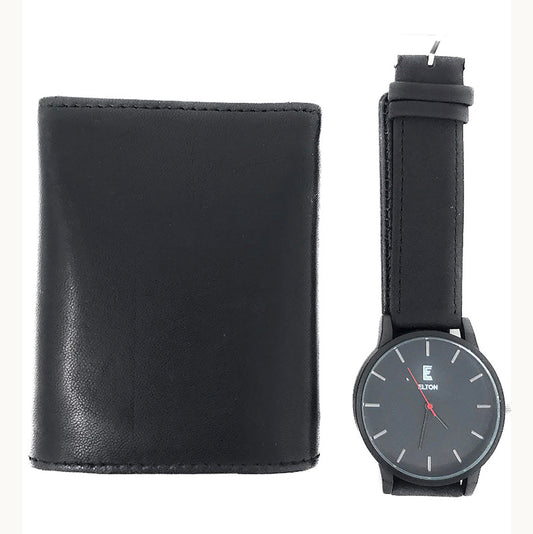 E Elton Genuine Men's Lambskin Leather Trifold Wallet with Quartz Watch Gift Set Black